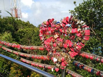 Red flowers hanging on tree against sky