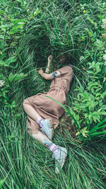 High angle view of woman lying on grass