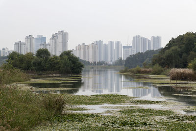 Scenic view of city against clear sky