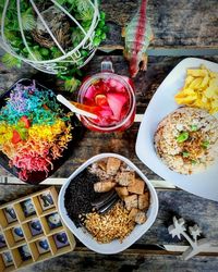 High angle view of breakfast served on table