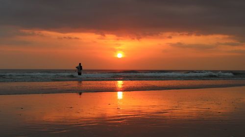 Silhouette fisherman standing on beach during sunset