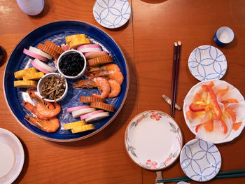 High angle view of various food on table