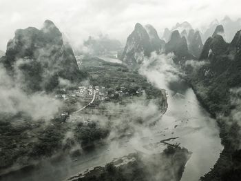 High angle view of mountain range against sky