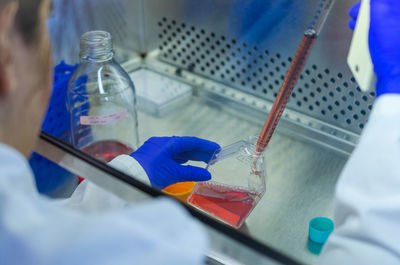 Close-up of scientist examining chemical in laboratory