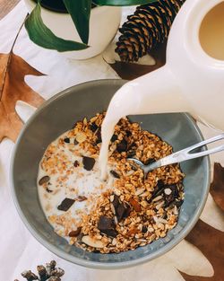 High angle view of breakfast served on table