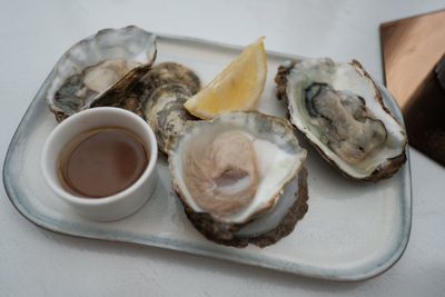 High angle view of breakfast served on table