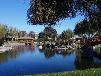 View of calm lake against clear sky