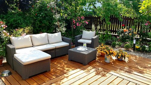 View of potted plants on wooden table in garden