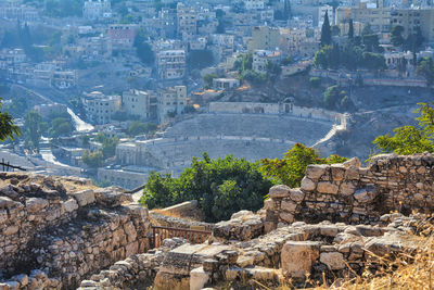 High angle view of buildings and the roman amphitheater in amman