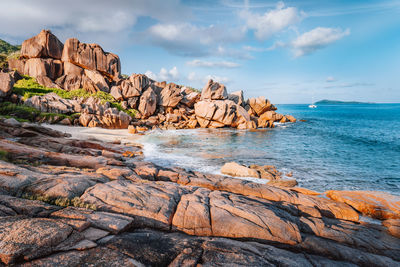 Rock formation on beach against sky