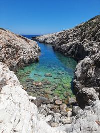 Rocks in sea against clear blue sky, katholiko beach crete