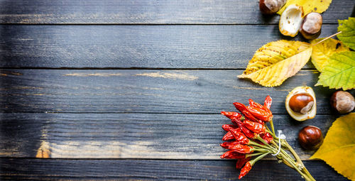 High angle view of red chili peppers on table