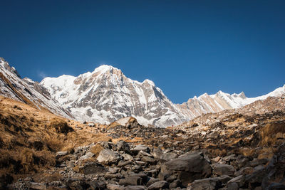 Scenic view of snowcapped mountains against clear blue sky