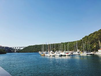 Sailboats moored on sea against clear blue sky