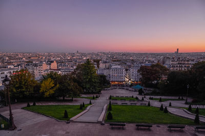 High angle view of townscape against sky during sunset