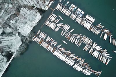 Directly above shot of boats moored at harbor