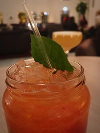 Close-up of drink in jar on table