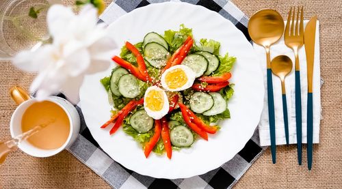 High angle view of meal served on table