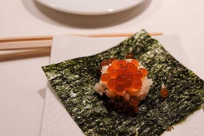 High angle view of sushi in plate on table