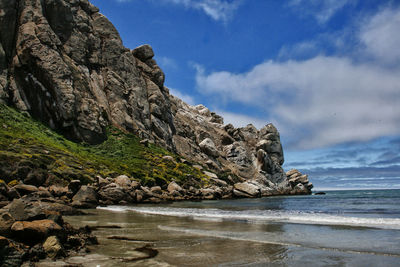 Rock formation by sea against sky