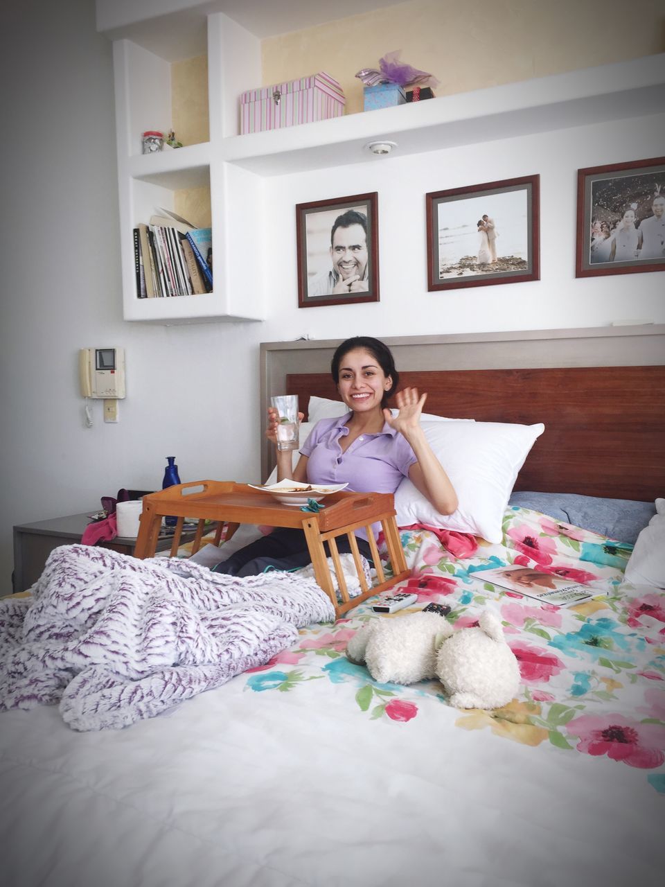 indoors, one person, bed, smiling, looking at camera, front view, bedroom, sitting, portrait, young women, young adult, day, full length, one young woman only, adult, people