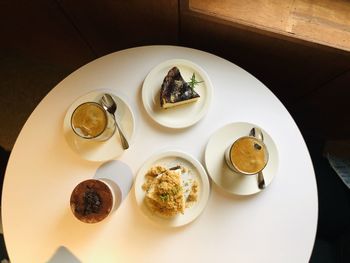 High angle view of breakfast served on table