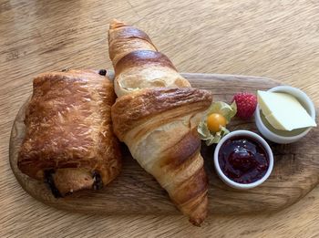 High angle view of breakfast served on table