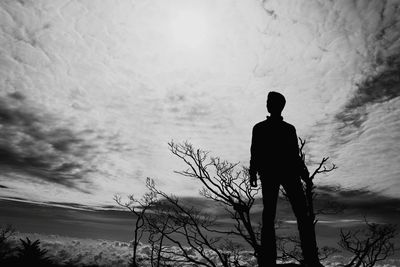 Rear view of man standing against sky