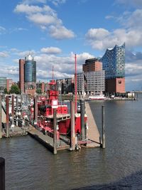 Buildings by river against sky in city