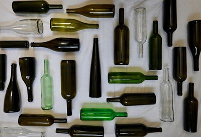 High angle view of bottles on table