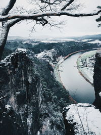 Scenic view of river during winter against sky