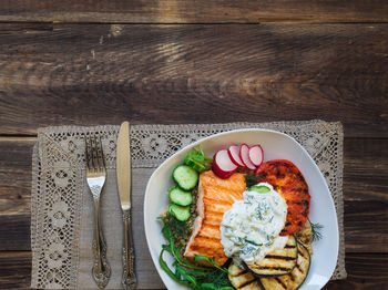 High angle view of breakfast served on table