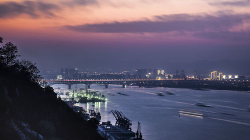 Bridge over river in city at sunset