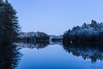 Blue hour at frosty and calm lake