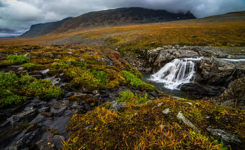 Scenic view of stream flowing through mountains