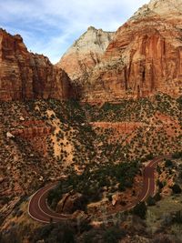 High angle view of street by mountains at zion national park