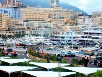 High angle view of street and buildings in city
