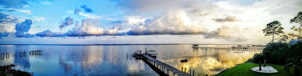 Scenic view of lake against cloudy sky