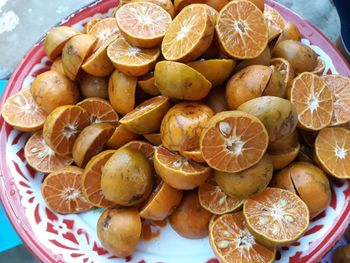 High angle view of fruits in plate