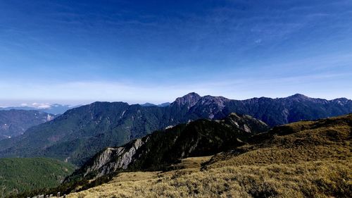 Scenic view of mountains against clear blue sky