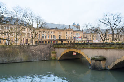 Arch bridge over river against sky