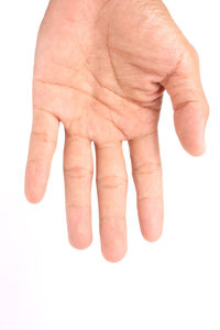 Close-up of human hand against white background