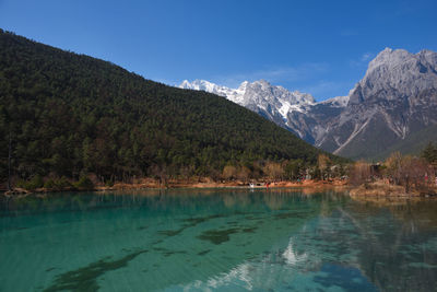 Scenic view of lake by mountains against sky