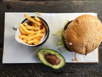 High angle view of burger on table