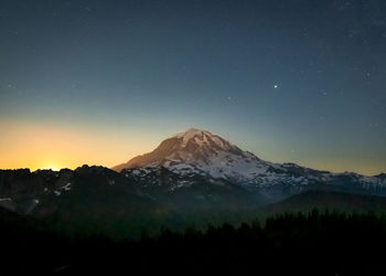 Scenic view of snowcapped mountains against sky at night