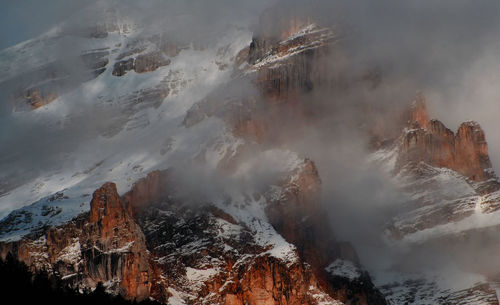 High angle view of snowcapped rocky mountains during winter