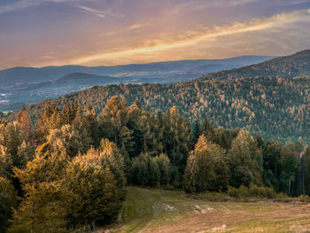 High angle view of trees and mountains against sky