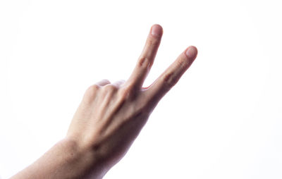 Close-up of human hand against white background