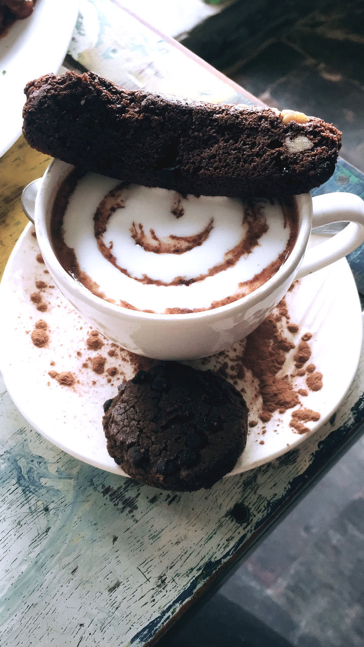 HIGH ANGLE VIEW OF CHOCOLATE CAKE WITH COFFEE