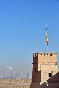 Low angle view of building against clear blue sky